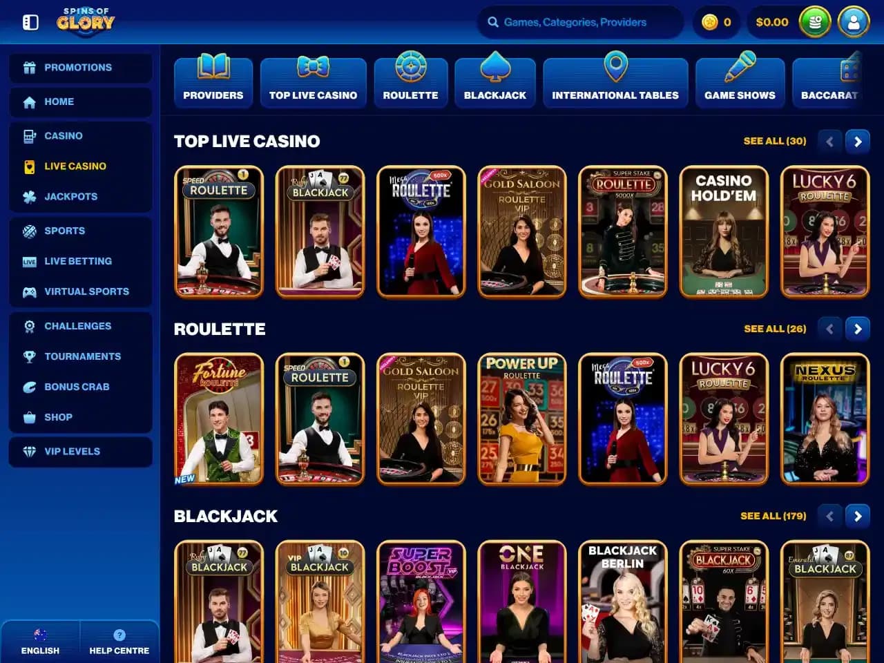 Live Games at Spins of Glory