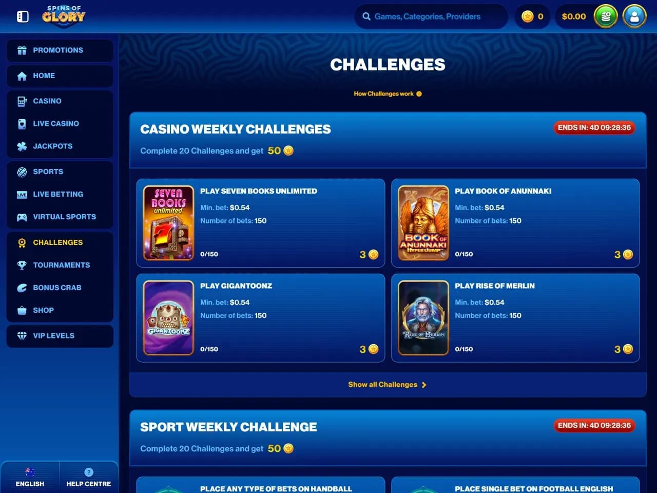 Challenges at Spins of Glory Casino