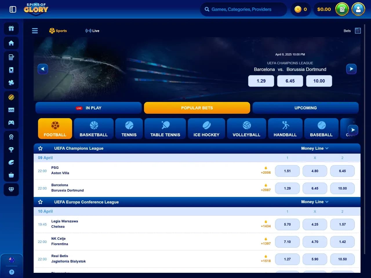 Sports Betting at Spins of Glory